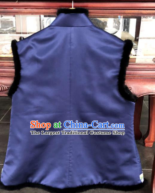 Chinese Traditional Tang Suit Upper Outer Garment Suzhou Embroidered Cotton Padded Vest National Navy Silk Waistcoat