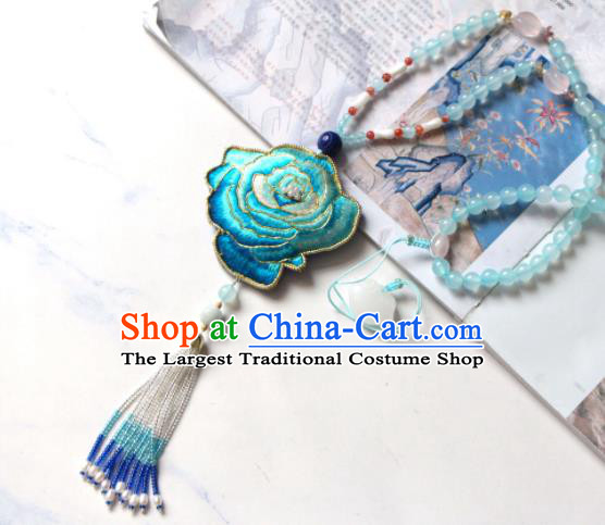 Handmade China Embroidered Blue Rose Necklet Classical Pearls Tassel Necklace Accessories