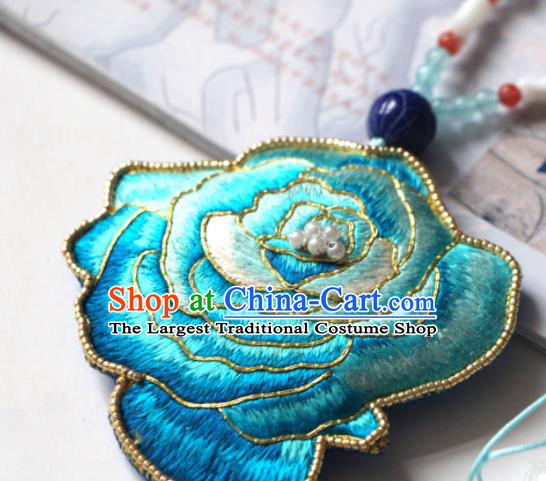 Handmade China Embroidered Blue Rose Necklet Classical Pearls Tassel Necklace Accessories