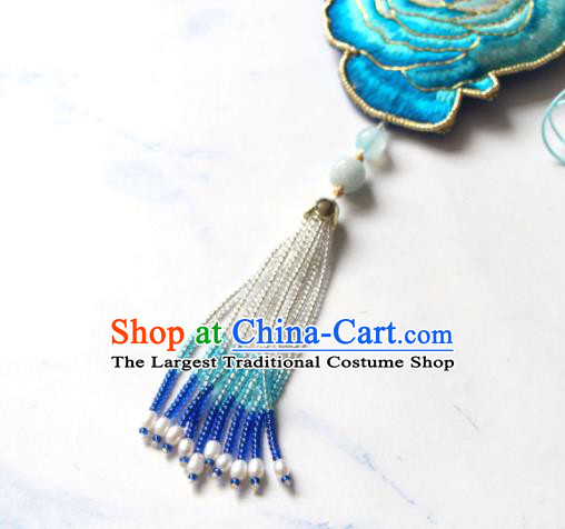 Handmade China Embroidered Blue Rose Necklet Classical Pearls Tassel Necklace Accessories