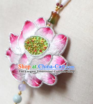 Handmade China Classical Garnet Beads Tassel Necklace Accessories Embroidered Pink Lotus Necklet