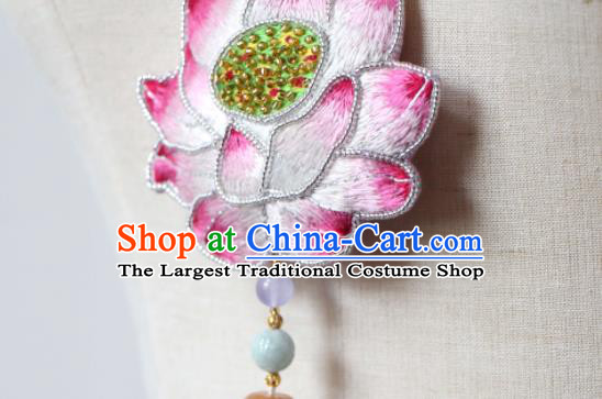 Handmade China Classical Garnet Beads Tassel Necklace Accessories Embroidered Pink Lotus Necklet