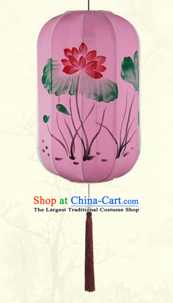 China Classical Pink Cloth Hanging Lamp Traditional New Year Wax Gourd Lanterns Handmade Painting Lotus Lantern