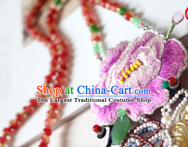 Handmade China Embroidered Purple Peony Necklet Classical Qipao Tassel Necklace Accessories