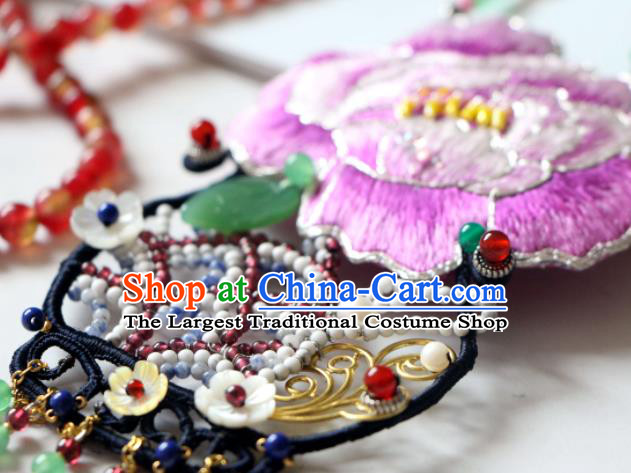 Handmade China Embroidered Purple Peony Necklet Classical Qipao Tassel Necklace Accessories
