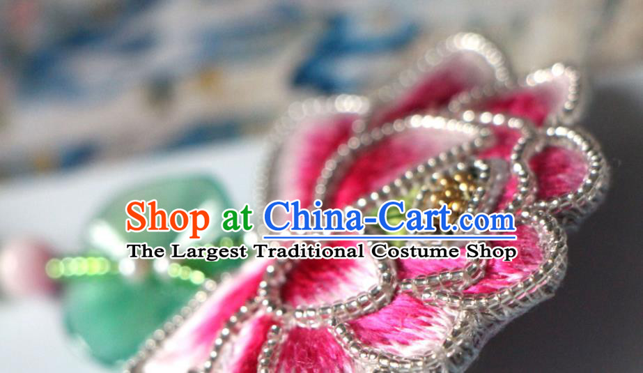 Handmade China Classical Qipao Jade Lotus Leaf Brooch Accessories Embroidered Pink Breastpin