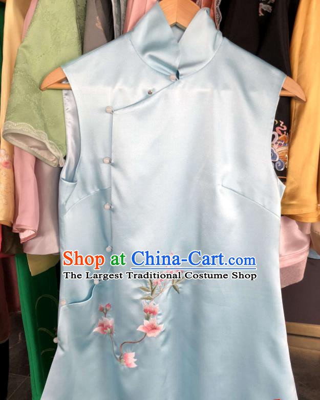 Chinese Suzhou Embroidered Flowers Vest National Blue Silk Waistcoat Traditional Tang Suit Upper Outer Garment