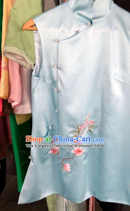 Chinese Suzhou Embroidered Flowers Vest National Blue Silk Waistcoat Traditional Tang Suit Upper Outer Garment