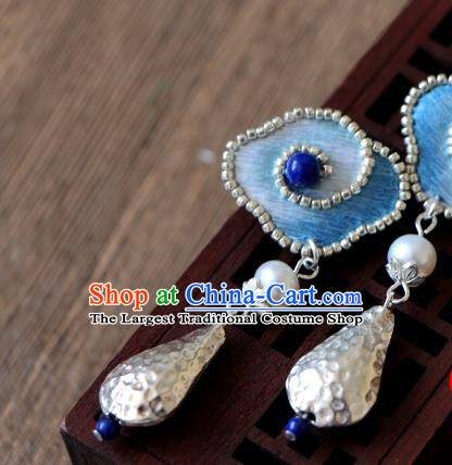 China National Cheongsam Ear Jewelry Handmade Silver Ear Accessories Suzhou Embroidered Blue Cloud Earrings
