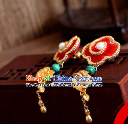 China Suzhou Embroidered Red Cloud Earrings National Cheongsam Ear Jewelry Handmade Golden Flower Ear Accessories