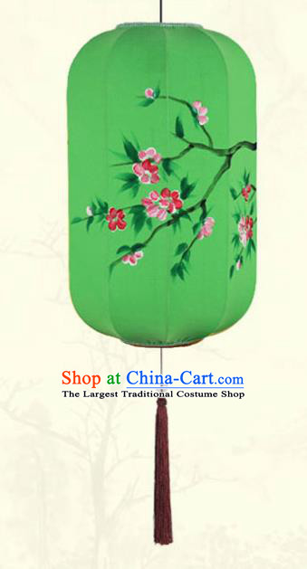 China Classical Green Cloth Hanging Lamp Traditional Wax Gourd Lanterns Handmade Painting Plum Blossom Lantern