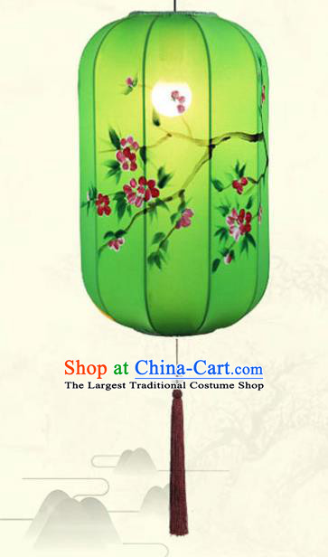 China Classical Green Cloth Hanging Lamp Traditional Wax Gourd Lanterns Handmade Painting Plum Blossom Lantern