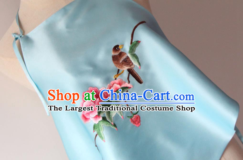 Chinese Traditional Cheongsam Undergarment Suzhou Embroidered Peony Bird Stomachers Clothing National Blue Silk Bellyband
