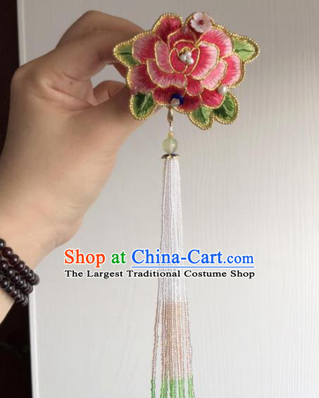 Handmade China Classical Qipao Beads Tassel Brooch Accessories Embroidered Pink Peony Breastpin