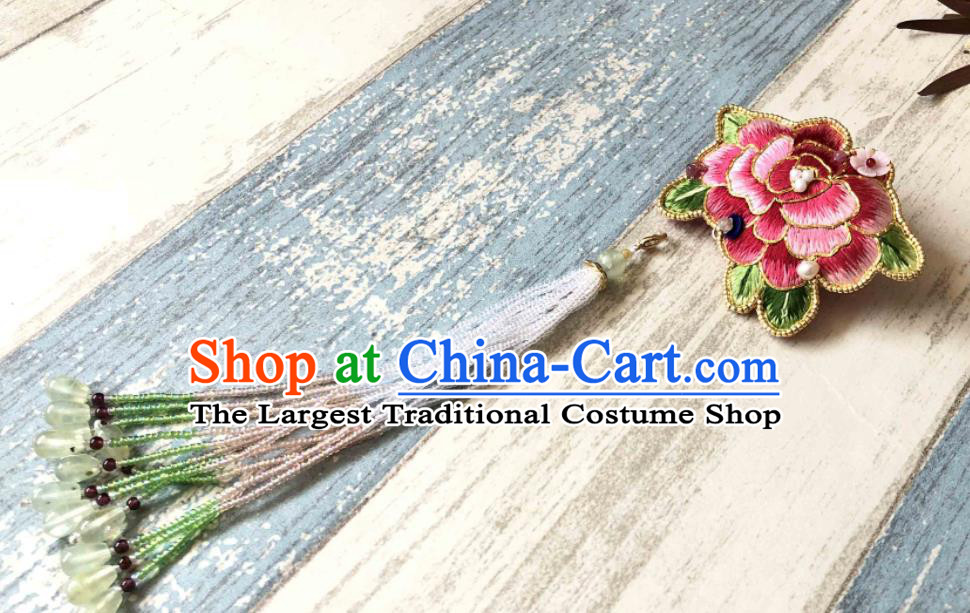 Handmade China Classical Qipao Beads Tassel Brooch Accessories Embroidered Pink Peony Breastpin