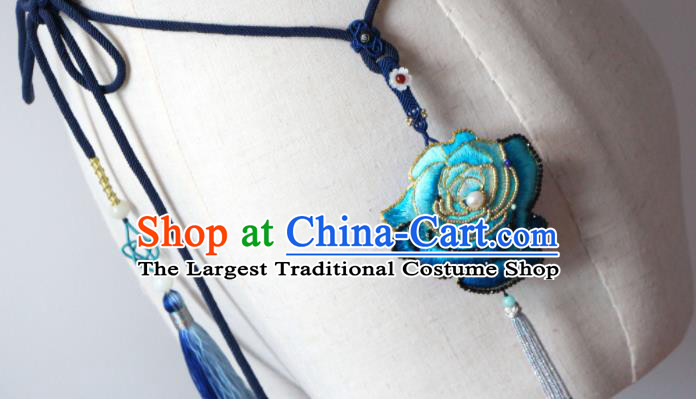 Handmade China Suzhou Embroidered Blue Rosy Belt Pendant Classical Hanfu Waist Accessories