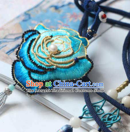 Handmade China Suzhou Embroidered Blue Rosy Belt Pendant Classical Hanfu Waist Accessories