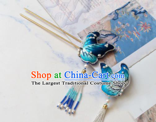 Handmade China Classical Hanfu Hair Accessories Suzhou Embroidered Blue Butterfly Hairpin