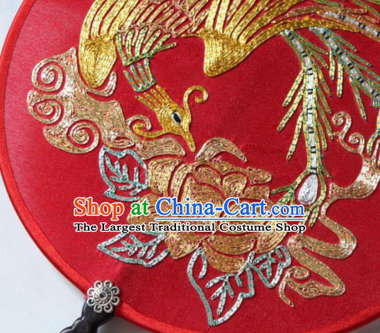 Chinese Suzhou Embroidered Phoenix Peony Fan Traditional Wedding Fan Classical Bride Palace Fan Handmade Red Silk Circular Fan