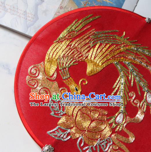 Chinese Suzhou Embroidered Phoenix Peony Fan Traditional Wedding Fan Classical Bride Palace Fan Handmade Red Silk Circular Fan