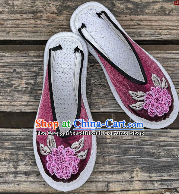Chinese National Shoes Handmade Embroidery Purple Satin Shoes Woman Slippers