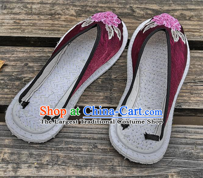 Chinese National Shoes Handmade Embroidery Purple Satin Shoes Woman Slippers