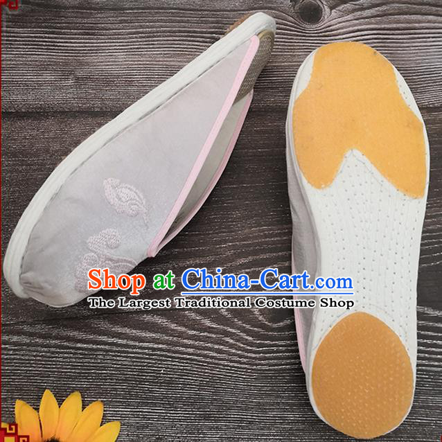 Chinese Woman Slippers National Shoes Handmade Embroidery Cloud Argent Satin Shoes
