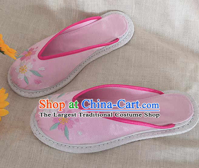 Chinese Handmade Embroidery Sakura Pink Satin Shoes Woman Slippers National Shoes
