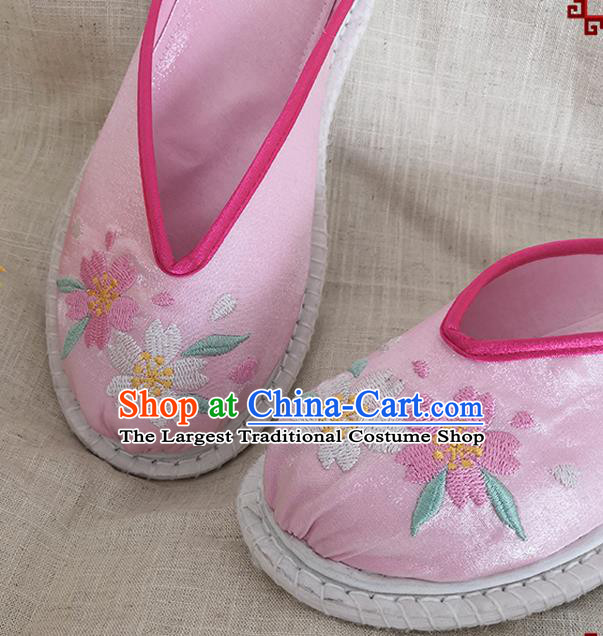 Chinese Handmade Embroidery Sakura Pink Satin Shoes Woman Slippers National Shoes