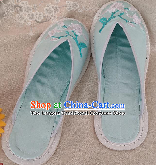 Chinese National Strong Cloth Shoes Handmade Embroidery Light Green Satin Shoes Woman Slippers