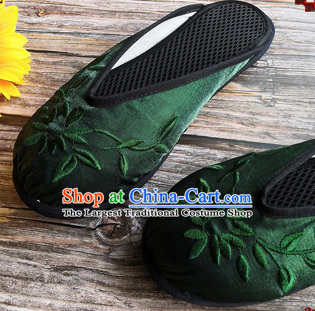 Chinese Woman Slippers National Female Shoes Handmade Embroidery Deep Green Satin Shoes