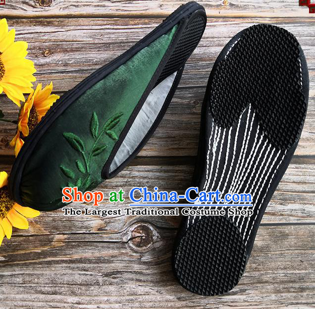 Chinese Woman Slippers National Female Shoes Handmade Embroidery Deep Green Satin Shoes