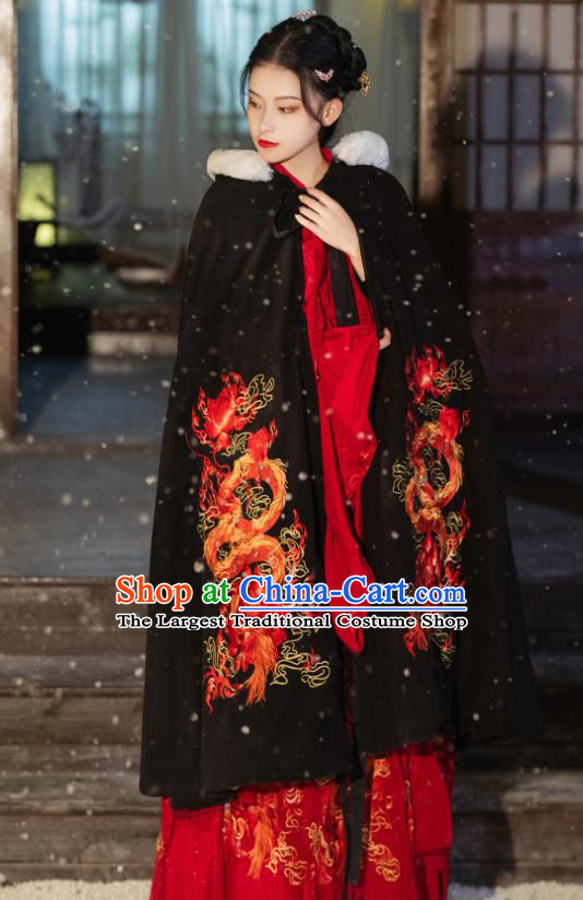 China Traditional Hanfu Cape Ming Dynasty Princess Historical Clothing Ancient Young Beauty Embroidered Black Cloak Garment