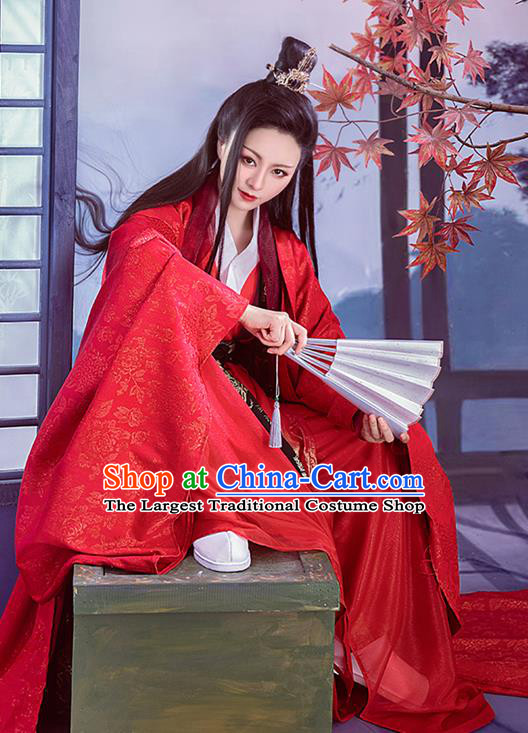 China Traditional Jin Dynasty Young Childe Historical Garment Costumes Ancient Swordsman Red Hanfu Clothing for Men