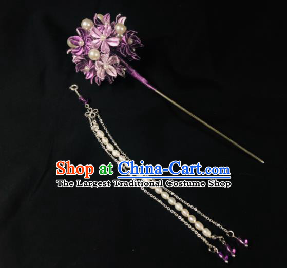 China Traditional Hanfu Hair Accessories Ancient Young Lady Pearls Tassel Hair Stick Song Dynasty Princess Purple Silk Hydrangea Hairpin