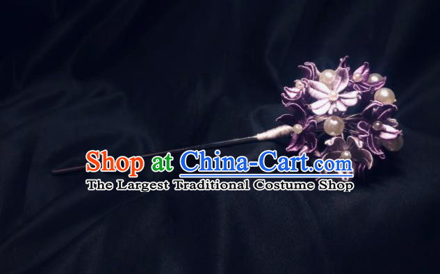 China Traditional Hanfu Hair Accessories Ancient Young Lady Pearls Tassel Hair Stick Song Dynasty Princess Purple Silk Hydrangea Hairpin