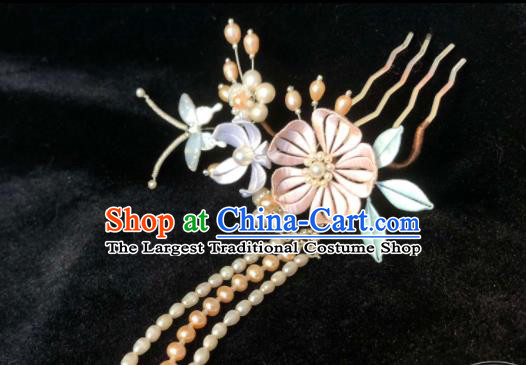 China Handmade Silk Butterfly Flowers Hairpin Traditional Hanfu Headpiece Ancient Princess Pearls Tassel Hair Comb