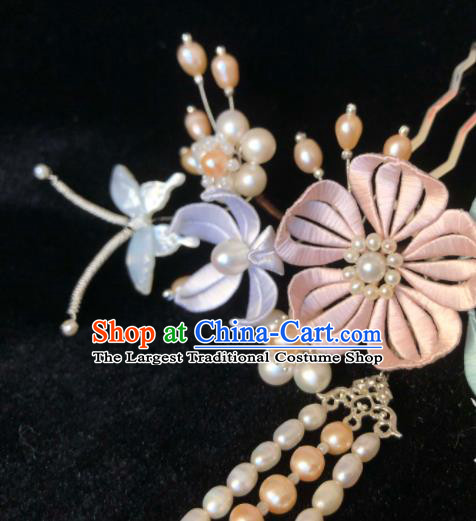 China Handmade Silk Butterfly Flowers Hairpin Traditional Hanfu Headpiece Ancient Princess Pearls Tassel Hair Comb