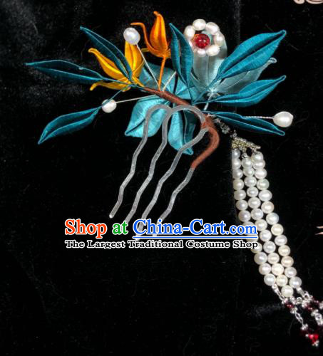 China Handmade Beads Tassel Hairpin Traditional Hanfu Headpiece Ancient Princess Green Silk Lily Flowers Hair Comb