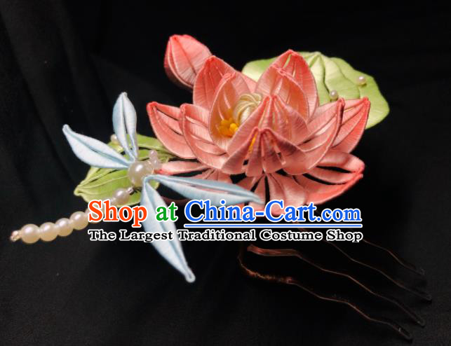China Handmade Pink Silk Lotus Hairpin Traditional Hanfu Headpieces Ancient Song Dynasty Princess Hair Comb