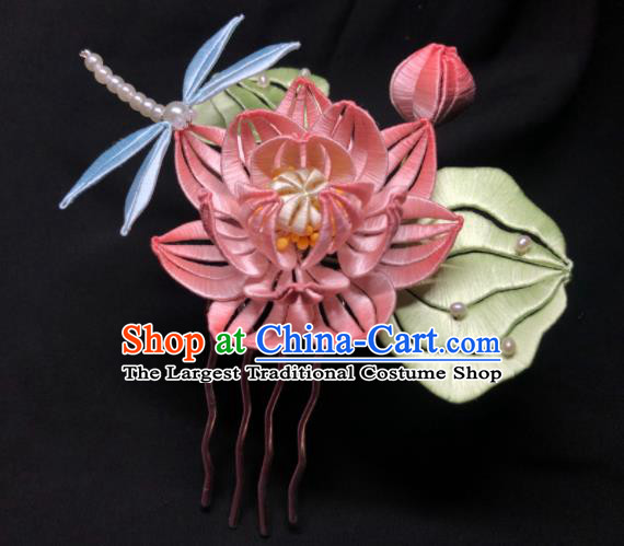 China Handmade Pink Silk Lotus Hairpin Traditional Hanfu Headpieces Ancient Song Dynasty Princess Hair Comb