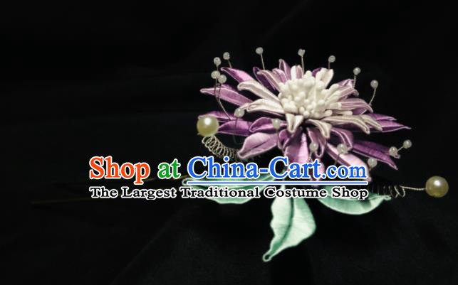China Handmade Purple Silk Cornflower Hairpin Traditional Song Dynasty Hanfu Headpiece Ancient Palace Lady Hair Stick