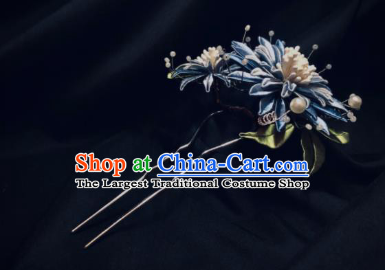 China Handmade Blue Silk Cornflower Hairpin Traditional Song Dynasty Hanfu Headpiece Ancient Court Woman Hair Stick
