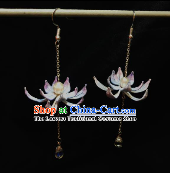 China Cheongsam Earrings National Woman Ear Jewelry Handmade Lilac Silk Lotus Ear Accessories