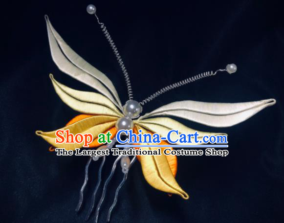 China Handmade Yellow Silk Butterfly Hairpin Traditional Song Dynasty Hanfu Headpiece Ancient Palace Lady Hair Comb