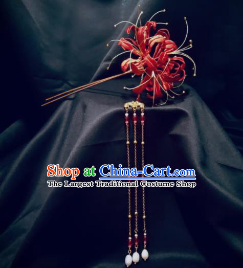 China Handmade Red Spider Lily Hairpin Traditional Tang Dynasty Hanfu Hair Accessories Ancient Goddess Tassel Hair Stick