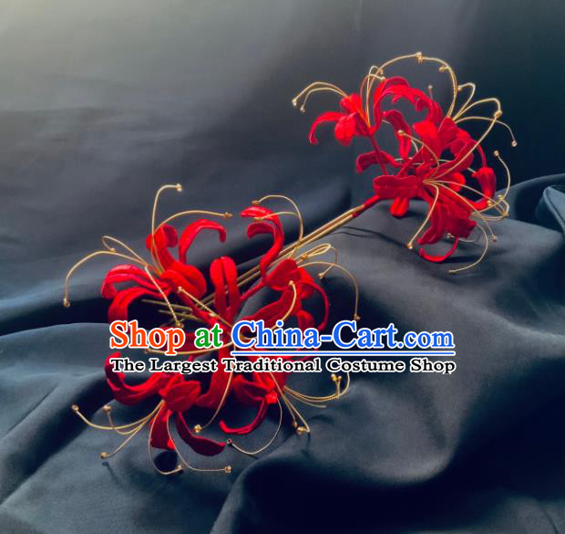 China Handmade Red Spider Lily Hairpin Traditional Tang Dynasty Hanfu Hair Accessories Ancient Goddess Tassel Hair Stick
