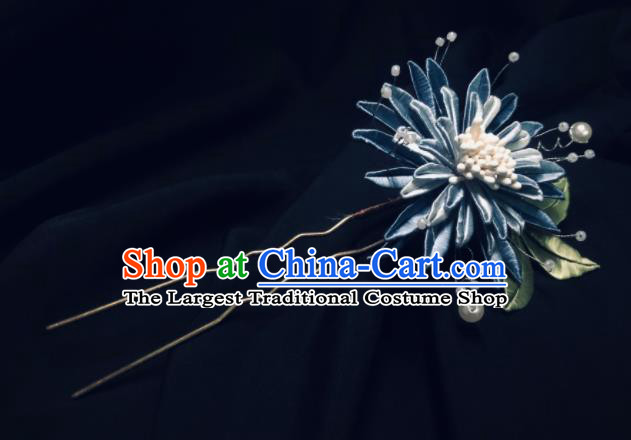 China Handmade Blue Silk Cornflower Hairpin Traditional Ming Dynasty Hanfu Hair Accessories Ancient Rich Mistress Hair Stick