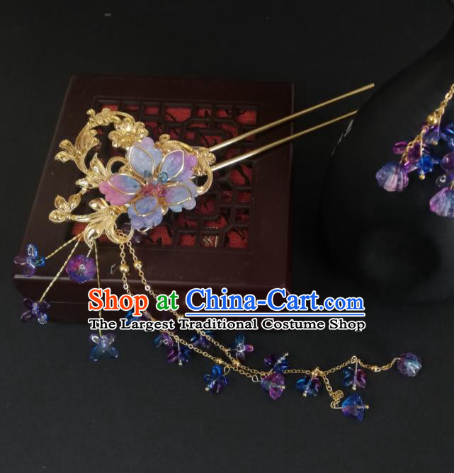 China Handmade Lilac Sakura Tassel Hairpin Traditional Ming Dynasty Hanfu Hair Accessories Ancient Young Woman Golden Hair Stick