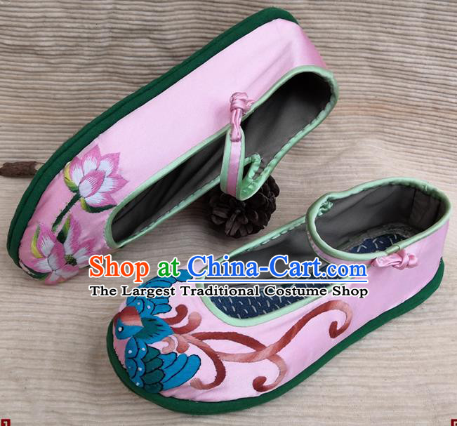China Yunnan Embroidered Lotus Shoes Wedding Bride Shoes Handmade Ethnic Dance Shoes National Woman Pink Cloth Shoes